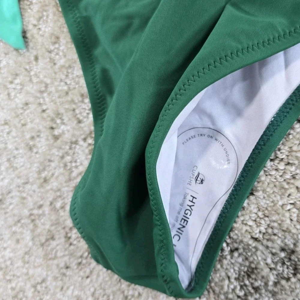 Cupshe One Piece Swimsuit Green White Colorblock Tie Waist Size M NWT - Picture 6 of 9